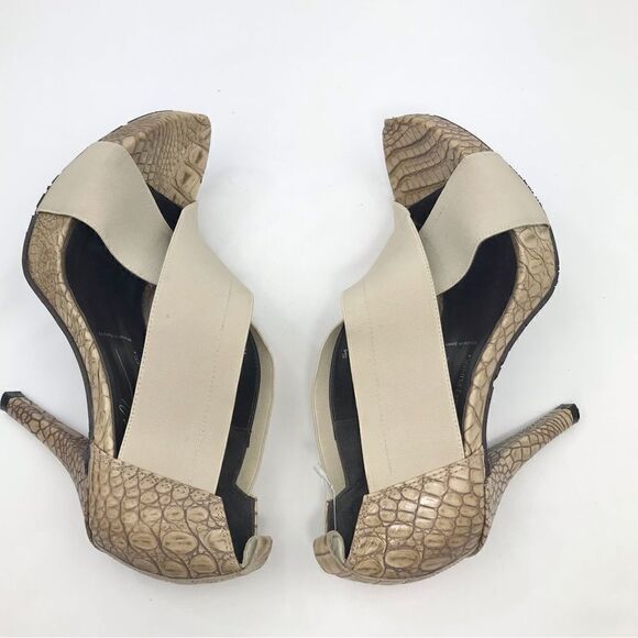 Donald J. Pliner Tan Crisscross Elastic Faux Crocodile Open Toe Heels - Picture 5 of 16